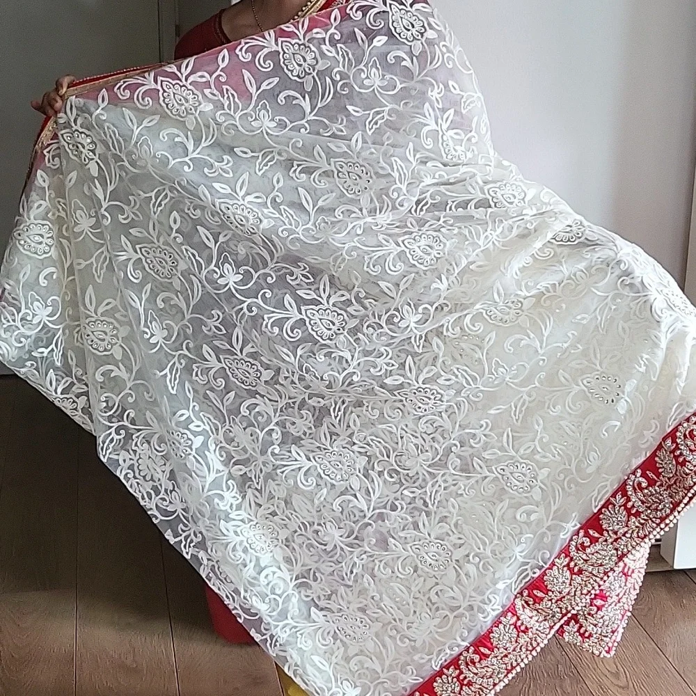 White and red net saree - Picture 1 of 9